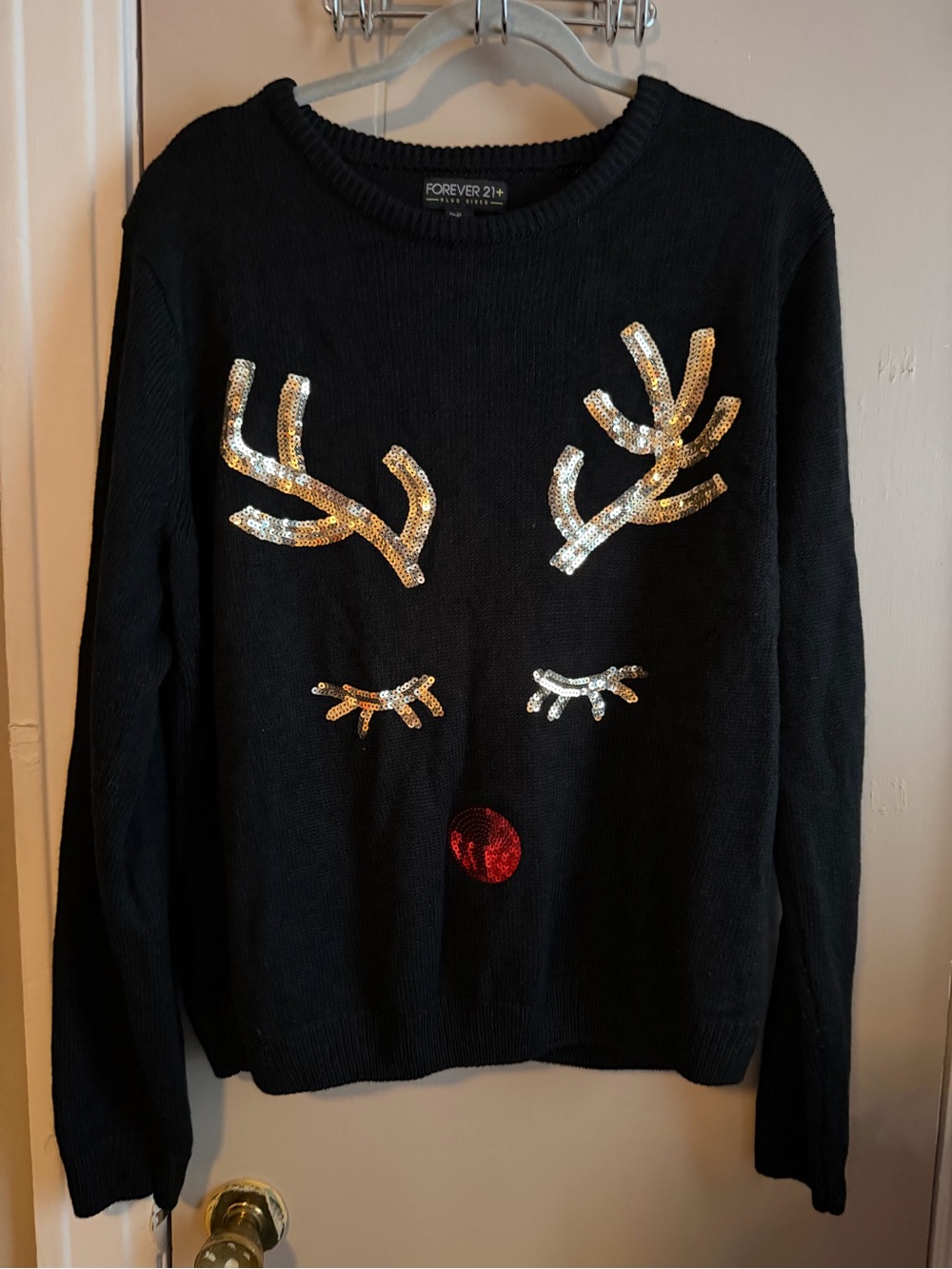 Forever 21 Black Sequin Reindeer Face Sweater with Red Nose